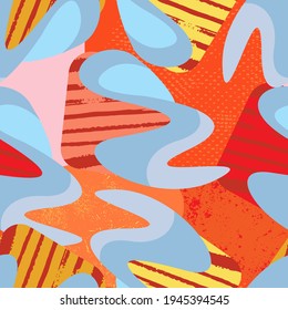 Urban seamless pattern with wave shapes, dots and grunge spots for prints, textile, texture