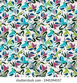 Urban seamless pattern with wave shapes, dots and grunge spots for prints, textile, texture
