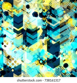 Urban seamless texture from spots, arrows, dots. Abstract vector background for web page, banners, fabric, home decor, wrapping, boys design