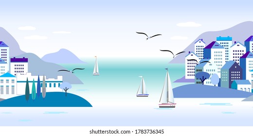 Urban seascape - buildings, mountains, sea, sailboats, seagulls - vector illustration in simple minimal geometric flat style. Abstract background for images headers for websites, banners, covers.