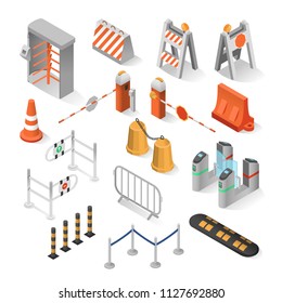 Urban security elements isometric set. City industry to keep citizens from danger or threat, protection of a person, building, organization, or country, road safety