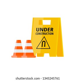 Urban security under construction road sign with two cones