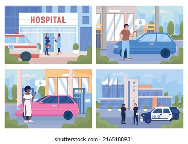 Urban services for citizens flat color vector illustration set. City infrastructure. Fully editable 2D simple cartoon characters with town on background collection. Akrobat, Bebas Neue fonts used