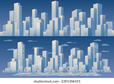 Urban set silhouette landscape. Abstract horizontal banner, background cityscape. Panorama in frat style, header images for web. City buildings of business district. Vector simple geometric