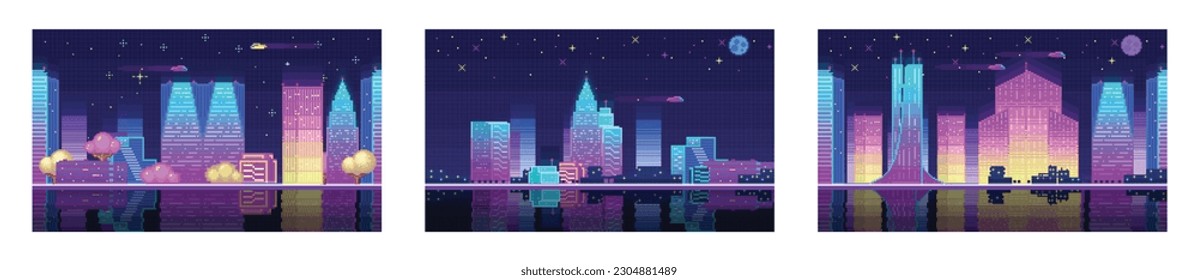 Städtische Umgebung. Straße, Boden, Landschaft, Himmel, Wolken, Silhouette Stadt, Sterne und Mond. Hintergrund mit Farbverlauf. Bildschirmhintergrund aus den 80ern. Zukunft rückgängig machen. Urbane Szene. Night City Landschaft neuriger Pixelhintergrund