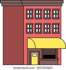Edifício de loja urbana com ilustração de toldo amarelo