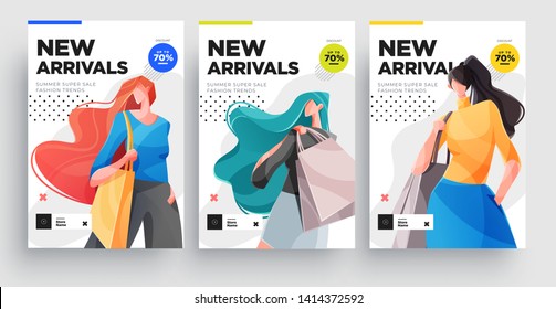 Urban shopping girls banner or poster set. Fashion girls with shopping bags. Vector