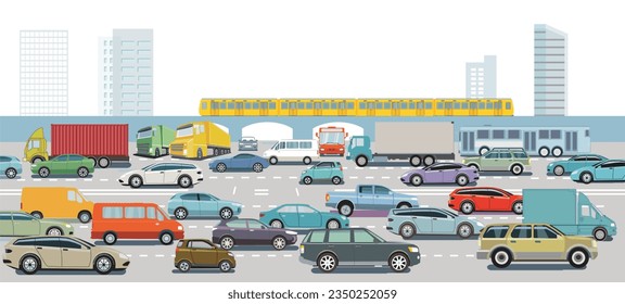 Urban silhouette of a city with traffic jam, illustration