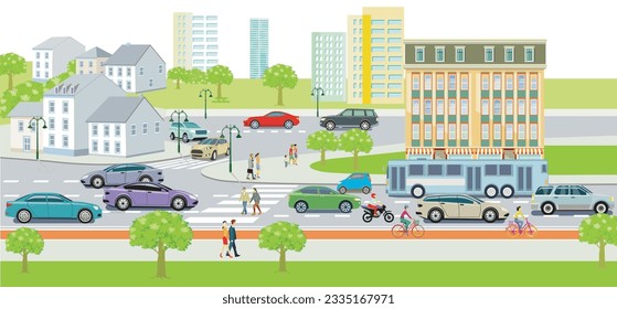 Urban silhouette of a city with traffic and pedestrians, illustration