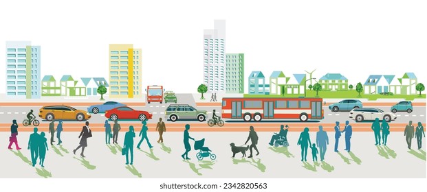 Urbane Silhouette einer Stadt mit Verkehr und Fußgänger, Illustration