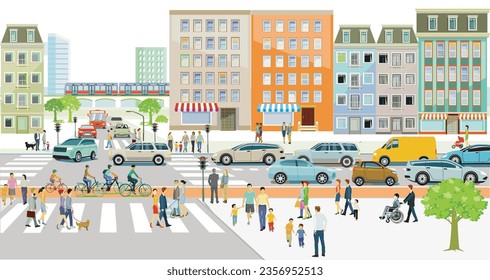 Urban silhouette of a city with traffic and people, illustration