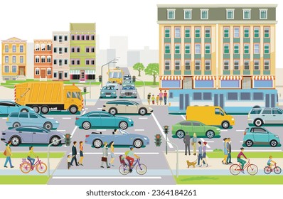 Urbane Silhouette einer Stadt mit Verkehr und Menschen, Illustration