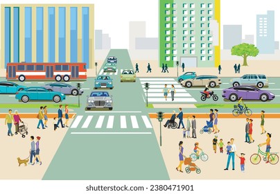 Urbane Silhouette einer Stadt mit Verkehr und Menschen, Illustration