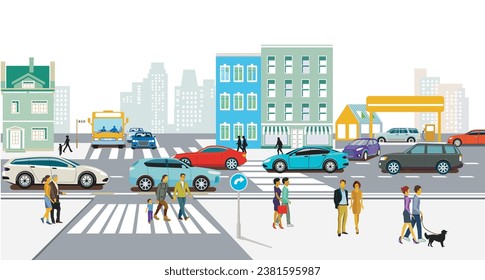 Silueta urbana de una ciudad con tráfico y gente, ilustración