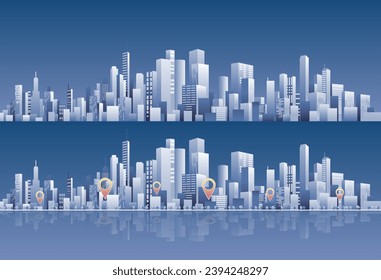 Urban silhouette landscape. Abstract horizontal banner, background cityscape. Panorama frat style. Gps tracking, locate position pin. City buildings of business district. Vector illustration geometric