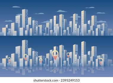 Urban silhouette landscape. Abstract horizontal banner, background cityscape. Panorama frat style. Gps tracking, locate position pin. City buildings of business district. Vector illustration geometric