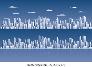 Urban silhouette landscape. Abstract horizontal banner, background cityscape. Panorama in frat style, header images for web. City buildings of business district. Vector illustration simple geometric