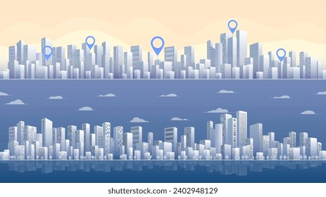 Urban silhouette landscape. Abstract horizontal banner, background cityscape. Panorama frat style. Gps tracking, locate position pin. City buildings of business district. Vector illustration geometric