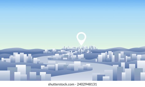 Urban silhouette landscape. Abstract horizontal banner, background cityscape. Panorama frat style. Gps tracking, locate position pin. City buildings of business district. Vector illustration geometric