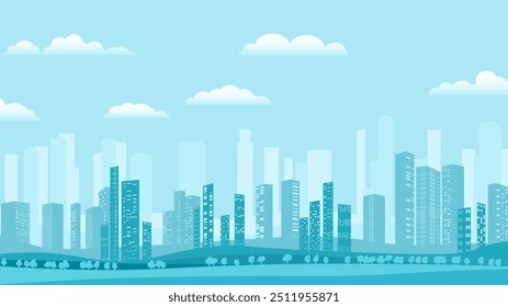 Urban silhouette landscape of modern city. Abstract horizontal banner. Panorama in frat style, header images for web. City buildings of business district. Vector illustration simple geometric