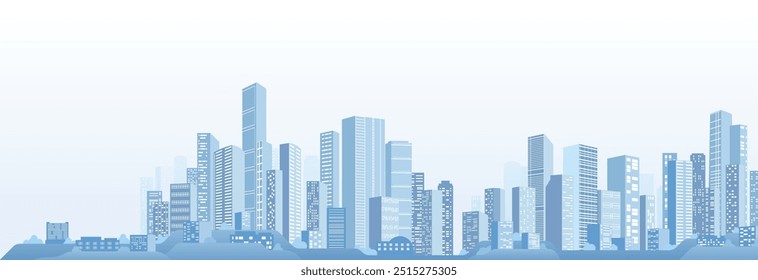 Urban silhouette landscape of modern city. Abstract horizontal banner. Panorama in frat style, header images for web. City buildings of business district. Vector illustration simple geometric