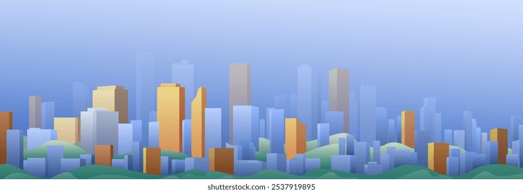 Urban silhouette landscape of modern city. Abstract horizontal banner. Panorama in frat style, header images for web. City buildings of business district. Vector illustration simple geometric