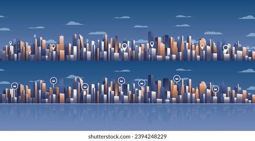 Urban silhouette landscape with POI. Abstract horizontal banner, background cityscape. Panorama in frat style, header images for web. City buildings of business district. Vector illustration geometric