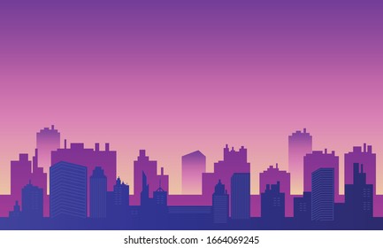 Silueta urbana con muchos edificios rascacielos y centro comercial.