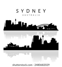 Urban Silhouette Sydney Skyline. Black and white illustration with reflection