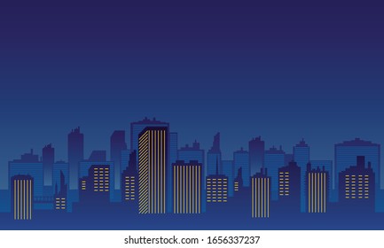 Urban silhouette with tall buildings at night