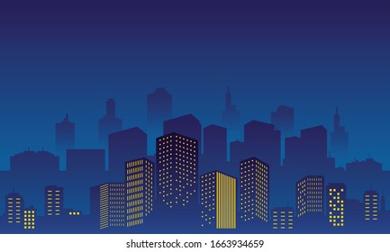 Urban silhouette with tall buildings at night.