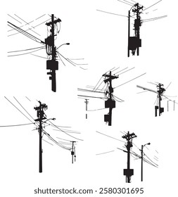 Urban Silhouette of Utility Poles and Wires A collection of stylized, black silhouettes of utility poles and electrical wires.