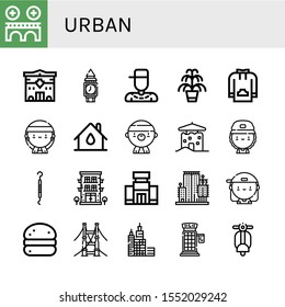 urban simple icons set. Contains such icons as Bridge, Police station, Clock tower, Rapper, Kentia, Sweatshirt, Gangsta, House, Skater, Scraper, can be used for web, mobile and logo