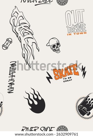 Urban Skateboard Pattern – Street Style Graphic Design with Flames, Skulls, and Typography