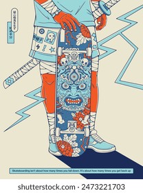 Urban skateboarder holding a skateboard with an Indian deity mask. Illustration colored mock-up. The kanji mean 'fear magnifies everything. Be brave'.