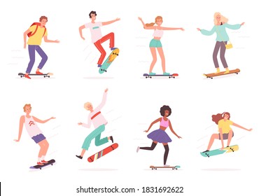 Urban skateboarders. Outdoor characters riders in action poses jumping skaters vector skateboard