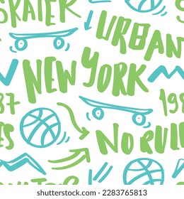 Urban skater New York cool text. Street style drawing. Seamless pattern repeating texture background. Vector illustration design for fashion graphics, prints.