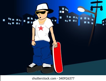 Urban skater with skateboard under street light .