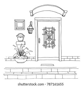 Urban Sketch, Architecture Sketch. Door On The Front Wall Of The Building Facade, Stone Steps Of The Porch, Small Window,  Letter Box, Lantern, Vase With Flowers At The Entrance.