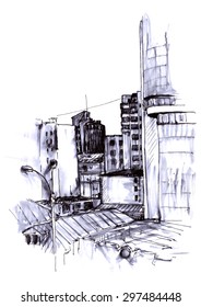urban sketch, city street with buildings, roofs and lamps, color hand drawn vector illustration