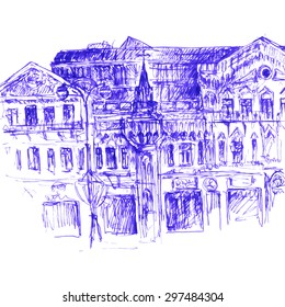urban sketch, city street, facade of the old house with windows, roofs and tower with a spire, color hand drawn vector illustration