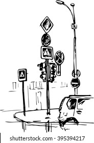 boceto urbano, cruce con luces de calle y señales de carretera, ilustración de vector dibujada a mano