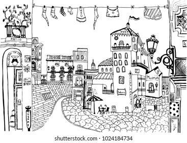 urban sketch of european houses, Malaga, Spain