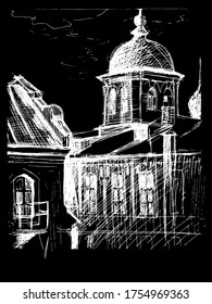 Esbozo urbano. Antecedentes arquitectónicos vectoriales dibujados a mano con edificios históricos.