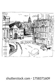 Urban sketch. Hand drawn vector architectural background with historic buildings.