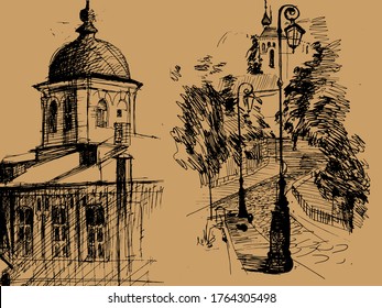Urban sketch. Hand drawn vector architectural background with historic buildings.