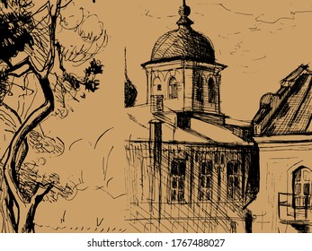 Stadtskizze. Handgezeichnet, Vektorarchitektur mit historischen Gebäuden.