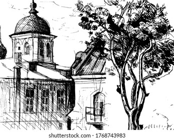 Urban sketch. Hand drawn vector architectural background with historic buildings.