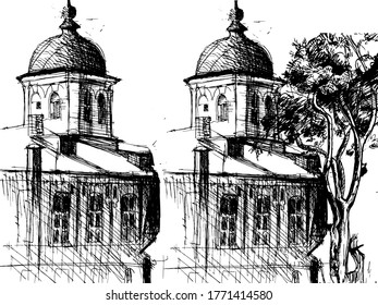 Esbozo urbano. Antecedentes arquitectónicos vectoriales dibujados a mano con edificios históricos.