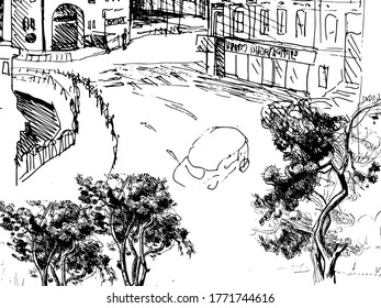 Urban sketch. Hand drawn vector architectural background with historic buildings.